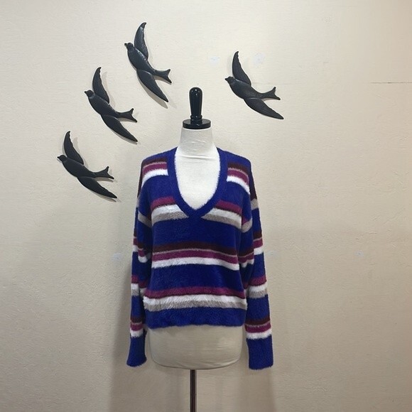 SPLENDID V Neck Eyelash Fuzzy Purple Striped Sweater  ~ L - Picture 7 of 14